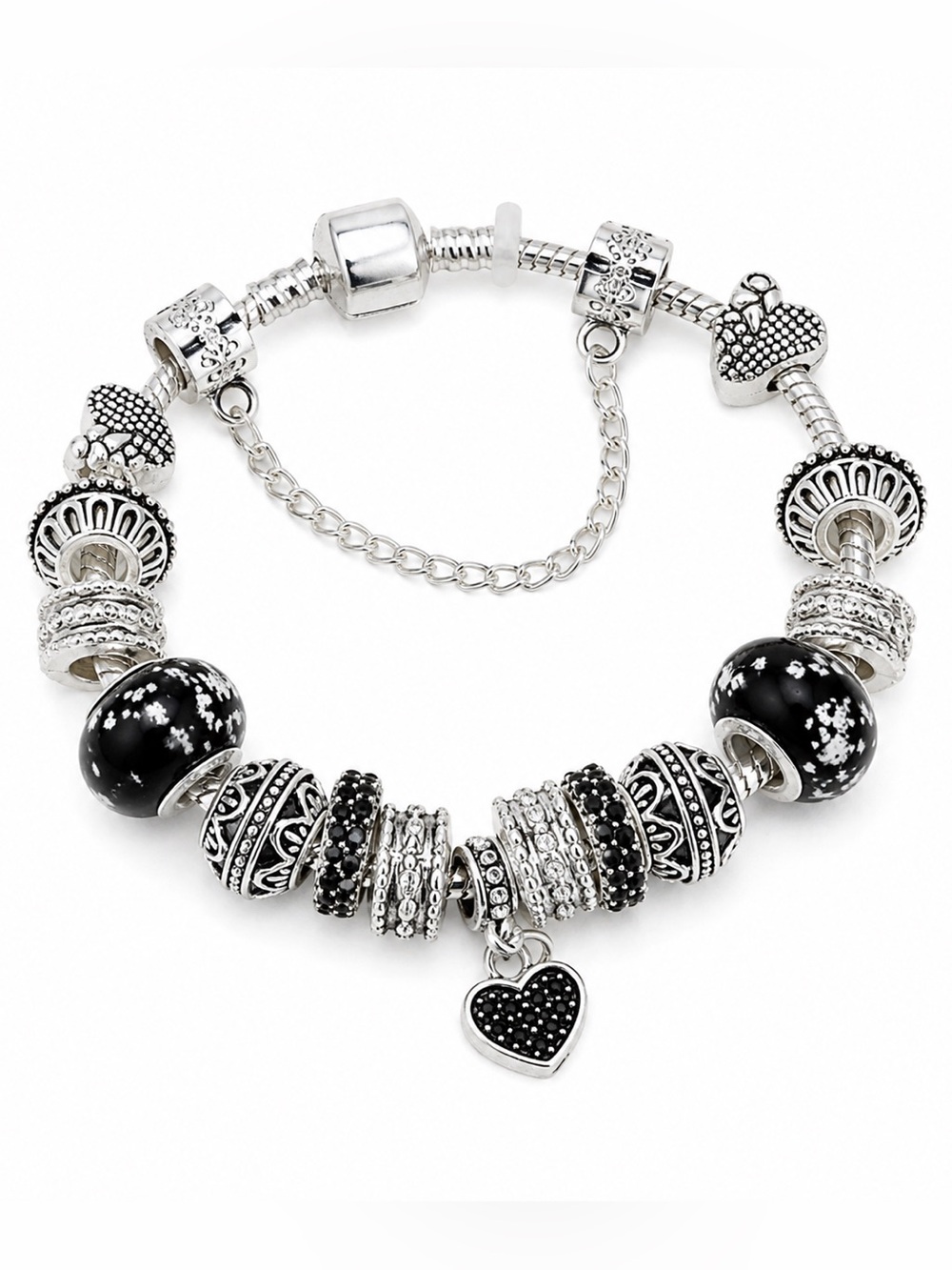 Silver Tone Charm Bracelet Black Beads Heart Charm Safety Chain OS